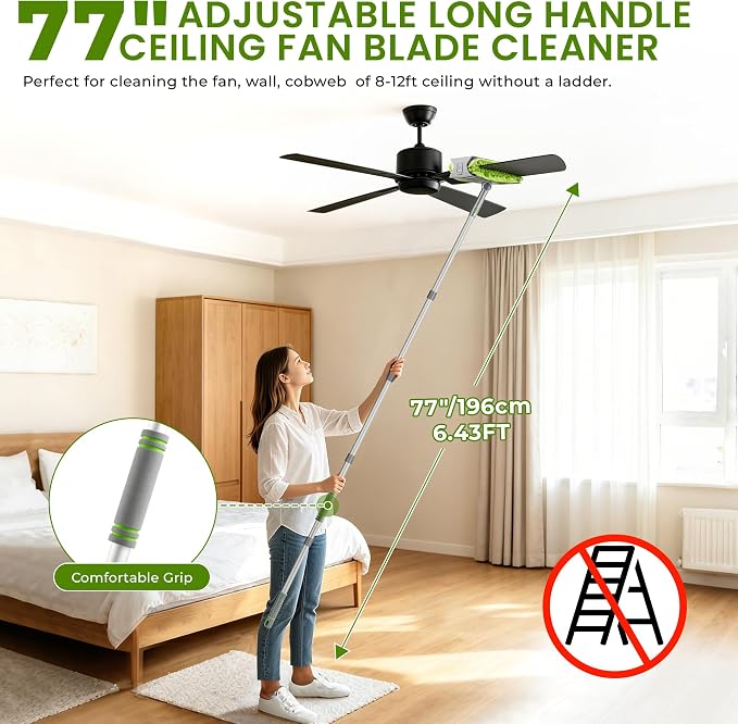 Ceiling Fan Cleaner Duster with 77" Extension Pole, 4-in-1 Reusable Microfiber & Chenille Fan Blade Cleaner, Bendable Fan Duster for Ceiling Fan Blade Blinds Baseboard Cobweb