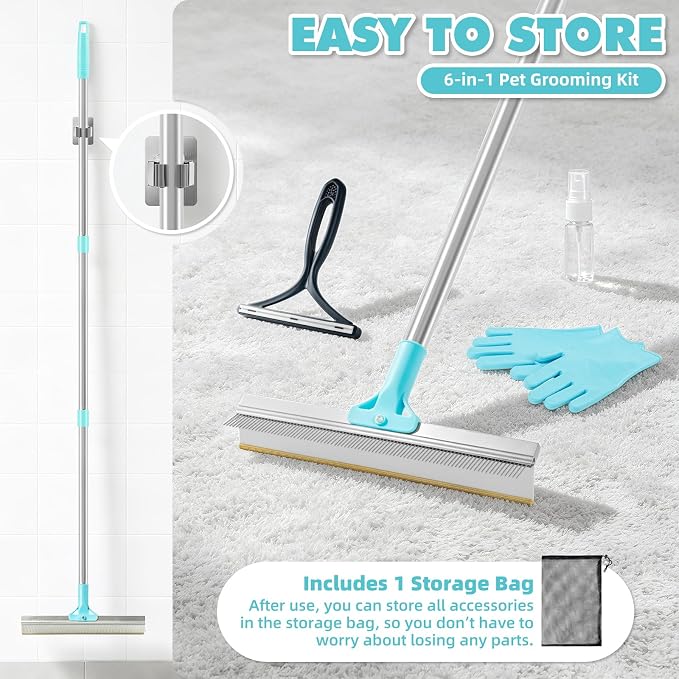 Carpet Rake for Pet Hair Removal Tool, 6 in 1 Pet Hair Remover Broom Kit, Cat Dog Carpet Rake with 53'' Adjustable Handle for Rugs, Mats, Couch
