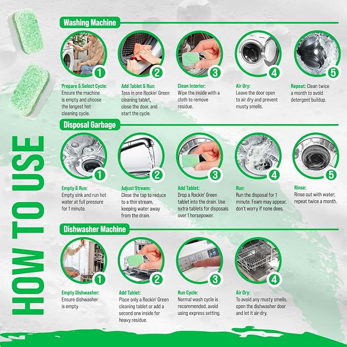 Rockin' Green Laundry Detergent Active Wear 90 Loads Unscented (45 Oz) and Washing Machine, Dish Washer and Garbage Disposal Cleaning Tablets (24 Pack) - Natural Laundry Detergent Powder, Odor Fighter