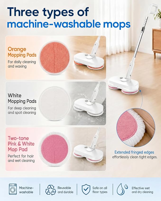 Buways Cordless Electric Mop, Self-Propelled Electric Spin Mop, Gravity Assist Pressure, 8000mAh Battery, LED Light & Water Spray, for Hardwood, Tile & Laminate Floors