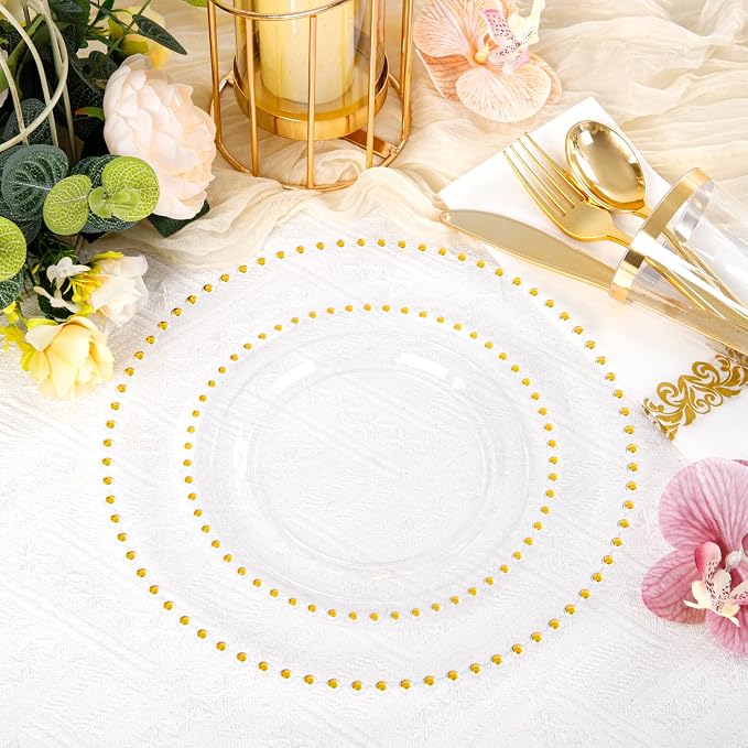 LIYH 350 Pcs Clear Gold Plastic Plates - Disposable Dinnerware Set Include Elegant Dinner & Dessert Plate Cups Gold Silverware for Birthday Party Wedding - Clear Gold 50 Guests