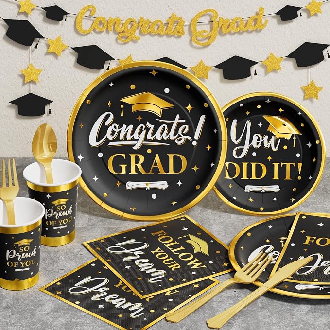 Graduation Decoration Class of 2026, 175PCS Graduation Party Supplies Disposable Dinnerware(Serve 25) with Paper Plates Cup Napkin Fork Knife Spoon College High School Grad Decor(Black & Gold)