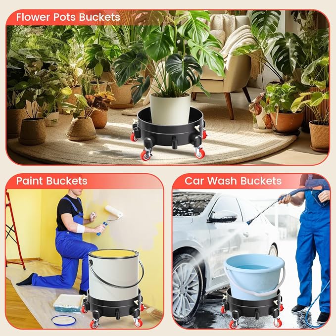 2Pcs 11 Inch Bucket Dolly, Removable Rolling Bucket Dolly, 5 Gallon Car, with 5 Heavy Duty Wheel Casters, 360°Rolling, Connectable, Locking, for Car Wash & Auto Detailing,Bearing 300lb,Black