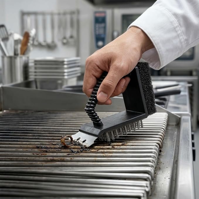 Restaurantware Met Lux 4.5-Inch Grill Brush 1 Handheld Grill Cleaning Tool - Scraper Scouring Pad Silver Plastic Grill Accessory For All Types Of Grills Ergonomic Handle