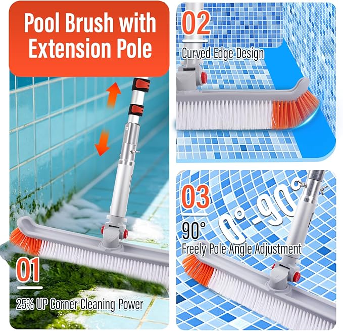 16FT Telescoping Pool Pole with 19" Pool Brush Head,Reinforced Aluminum Adjustable Extension Pole,Heavy Duty Adjustable Pool Cleaning Pole for Inground & Above Ground Pool Wall Tile Floor Cleaning