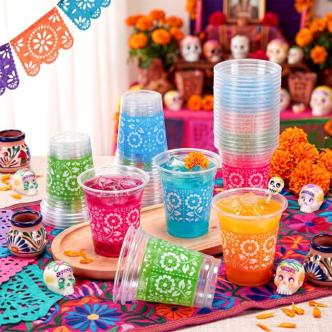 Tanlade 120 Pcs Fiesta Plastic Cups 12 oz Mexican Disposable Party Cups Cinco De Mayo Margarita Drinkware for Mexican Theme Birthday Taco Bar Birthday Wedding Party Supplies Decorations