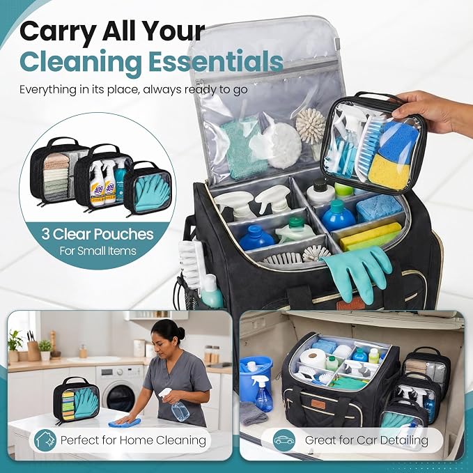 INSMEER Cleaning Caddy with Wheels, Large Cleaning Cart on Wheels with 3 Removable Clear Bags and 1 Shoulder Bag, Water Resistant Cleaner Supplies Organizer with Wheels for Kitchen, Tool Organizer