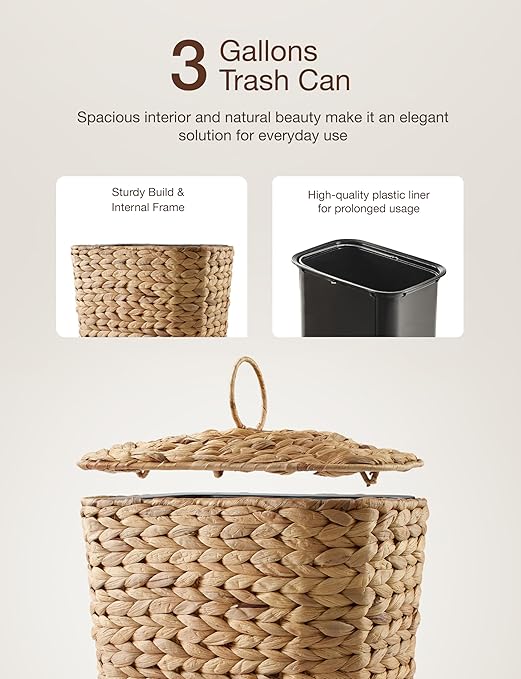 Tidita 3 GALLONS Wicker Waste Basket - Wicker Trash Can with Lid - Water Hyacinth Bathroom Garbage Can with a Lid - Bathroom Trash Can Boho Style - Removable Liner, Iron Frame (Natural, 3 Gallons)