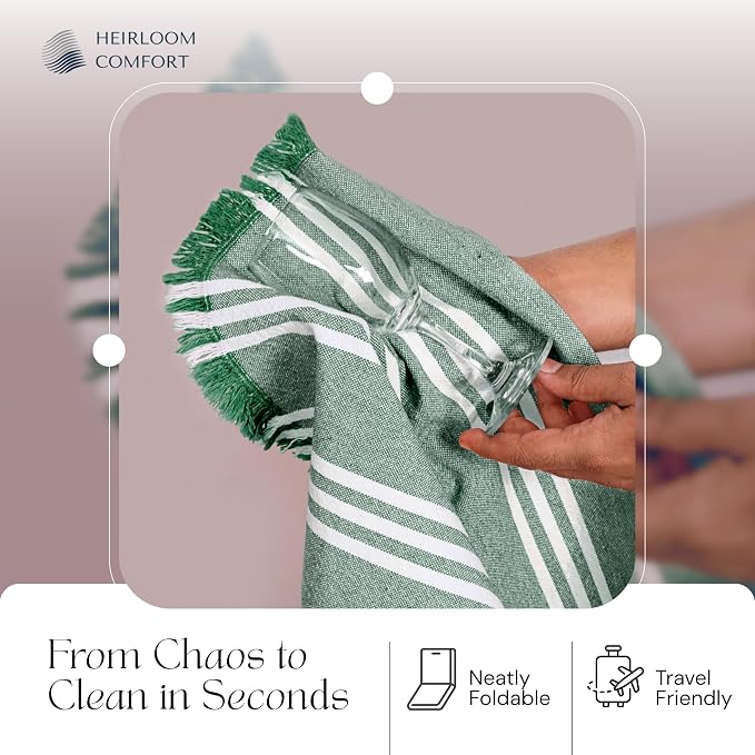 Monochrome Stripe Kitchen Towels 3 Pack, 16x26 Inch, 100% Cotton, Super Absorbent & Quick Dry, Durable, Fringed Dish Towel for Drying Dishes, Washable, Everyday Use, Forest Green