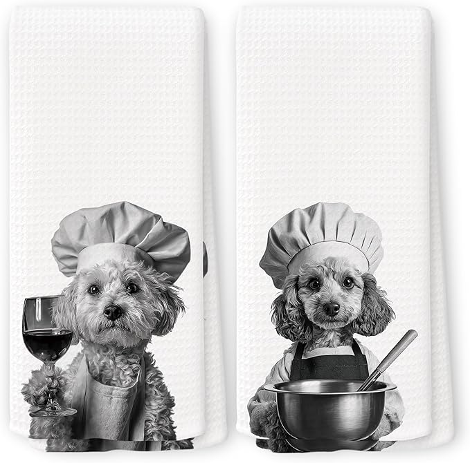 Funny Chef Poodle Kitchen Towels Set of 2, Poodle Dog Gifts for Women Dish Tea Towels for Kitchen, Dog Mom Lovers Owner Gifts Decorative Hand Towel, 16x24 Inch