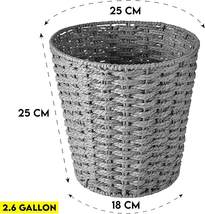 Zuvo Round Wicker Waste Basket Paper Bin - Wicker Trash Basket - Woven Trash Can Rubbish Basket for Bedroom, Bathroom, Offices or Home (Grey)