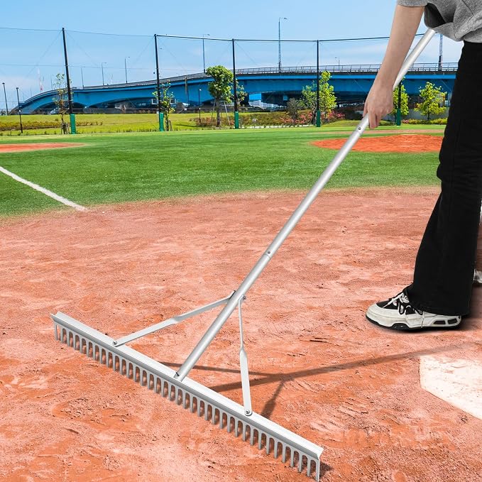 Qinyoung Aluminum Maintenance Rake 36 Inch Baseball Field Garden Landscape Rake with 66''-98'' Adjustable Handle for Yard Lawns Lake Weed Care Gardening Loosening Soil