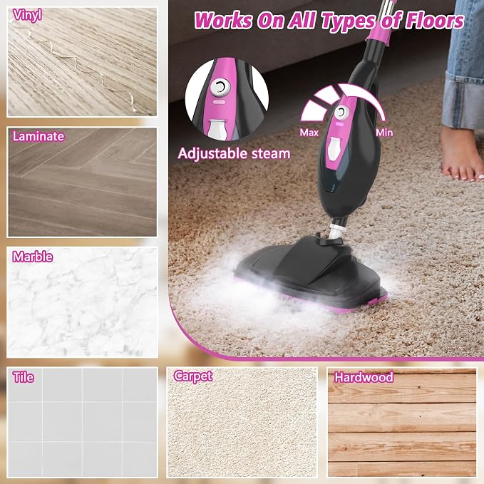 Steam Mop for Floor Cleaning, Handheld Electric Mop Steamer for Home, Hardwood Floor Steamer for Kitchen, Living Room Wood Floor Tile Carpet Clothes Cleaning, Black and Pink