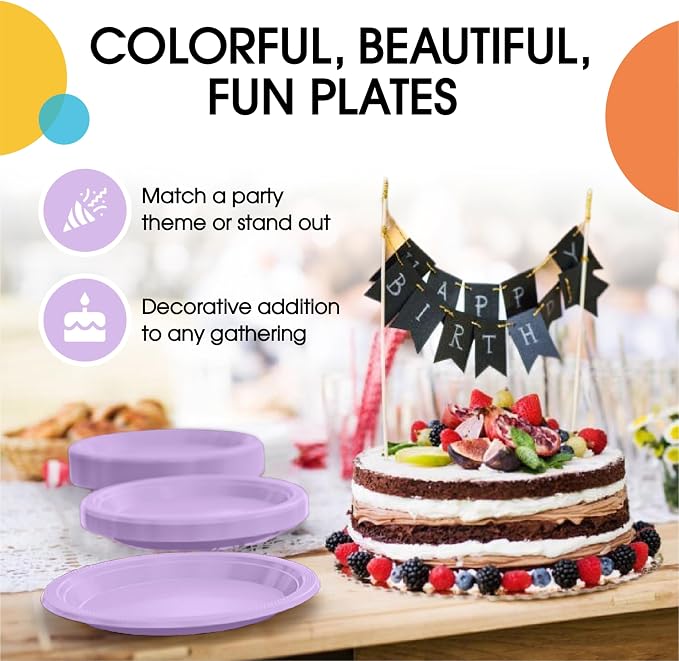 Exquisite Party Solids Lavender Plastic Plates For Party Supplies 7" Lavender Disposable Plates Heavy Duty 50 Pcs Plastic Dinnerware Sets Heavy Duty 350 GSM Disposable Dinnerware Set