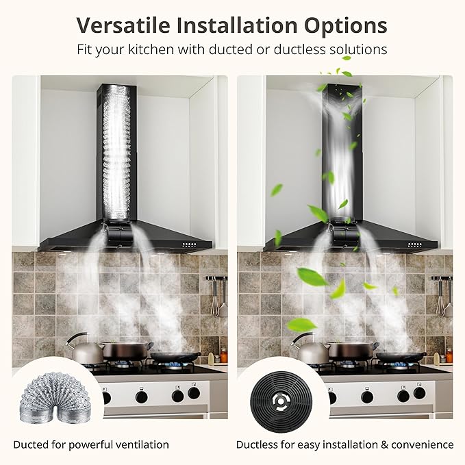 FIREGAS Black Range Hood 36 inch with Ducted Convertible Ductless, Kitchen Wall Mount Chimney-Style Over Stove Vent, 3 Speed Exhaust Fan, LED Lights