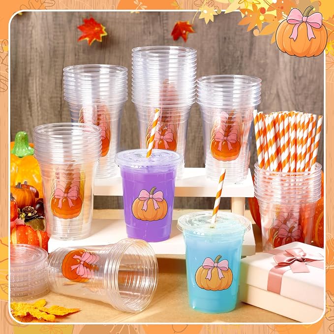 Sliner 50 Pcs 16 oz Coquette Disposable Plastic Cups with Straw for Party Supplies Bow Cups Birthday Wedding Bridal Engagement Party Drinkware Baby Shower Decoration (Pumpkin)