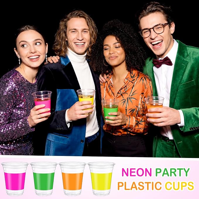 Tanlade 60 Pcs Neon Color Plastic Cups Bulk 12 oz Colored Disposable Cups Assorted Fluorescent Color Drinking Cup for Cold Drinks Birthday Holiday Party Supplies