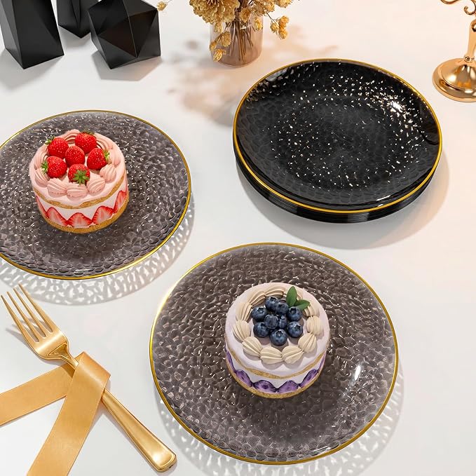 DaYammi 240Pcs Black Plastic Plates Including 120Pcs Black Dessert Plates and 120Pcs Gold Forks,Hammered Party Plate,Gold Rimmed Appetizer plates Heavy duty Disposable Plastic Plate for Party Birthday
