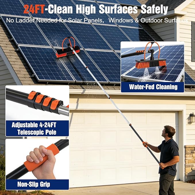 24FT Water Fed Pole Window Cleaning System & Solar Panel Cleaning Kit, Professional Window Washing Kit with Extension Pole, 180° Rotating Brush & Soap Dispenser