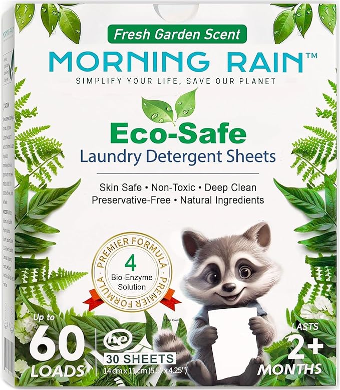 MorningRain Eco-Safe Laundry Detergent Sheets - Ingredients from Finland, Natural Scent, Bio-Enzyme Formula, Power clean, 30 Sheets (Up to 60 Loads) - Non-Toxic, Preservative-Free, Designed in USA