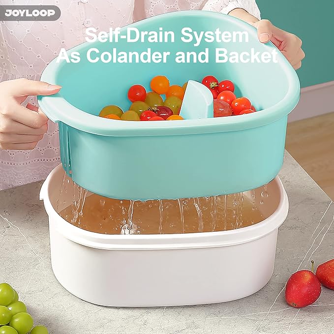 JOYMOOP JOYLOOP Fruit Cleaner Spinner, Large Produce Rinse Bowl with Drain Basket, Vegetable Scrubber for Berries, Grapes, Salad and Vegetables