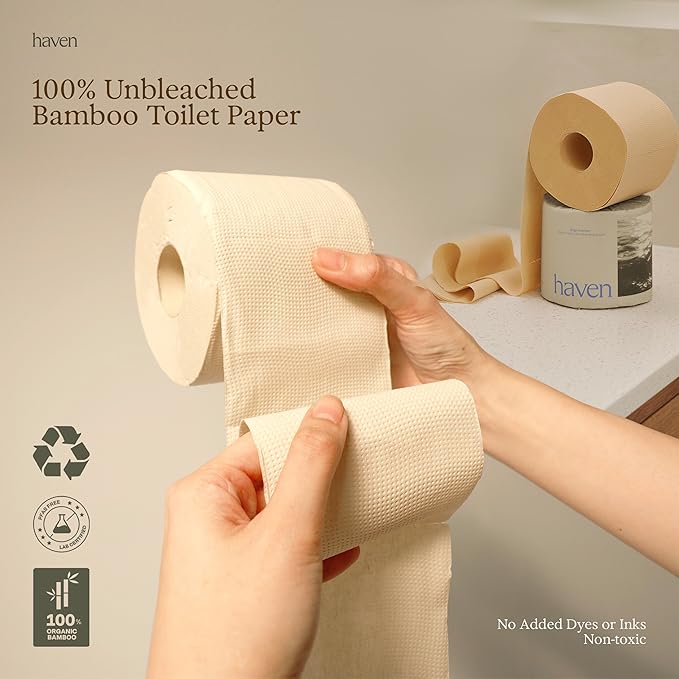 Haven Unbleached Bamboo Toilet Paper with Plastic Free Packaging, 3-Ply, 16 Rolls, 300 Sheets per Roll - FSC Certified, PFAS-Free, Tree Free Plant Based Toilet Paper, Non Toxic, Septic Safe, BPA-Free