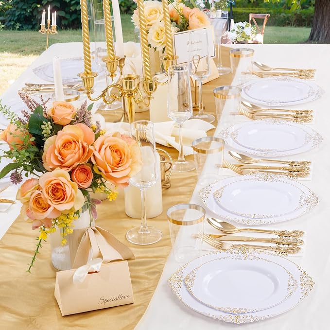 YOUBET 700PCS Gold Plastic Dinnerware Set - 36 Pack Clear Champagne Flutes Plastic - 200 Disposable Plates, 300 Heavy Duty Silverware, 100 Cups,100 Napkins for Wedding Party Graduation