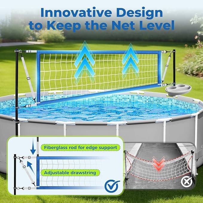 Above Ground Pool Volleyball Net Set with Storage Tray – Adjustable 10-20FT Anti-Sag Net, Poles, Ball & Installation Accessories – Fun Outdoor Swimming Water Games for Kids Adults Family