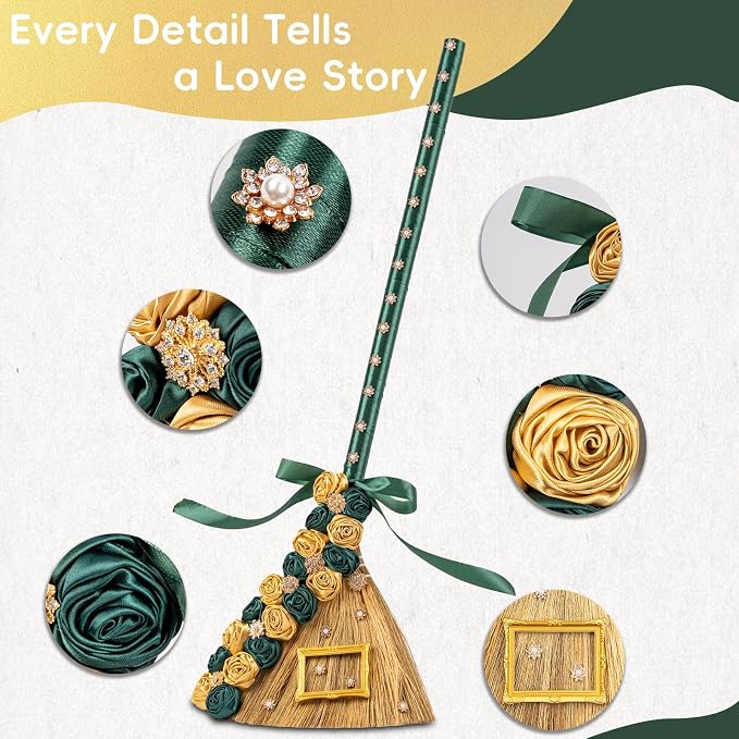 Wedding Broom for Jumping the Broom Ceremony - 40" Handcrafted with Natural Broom Corn, Velvet Roses, Crystals & Photo Frame, DIY Kit (Green & Gold, Premium Gift Box)