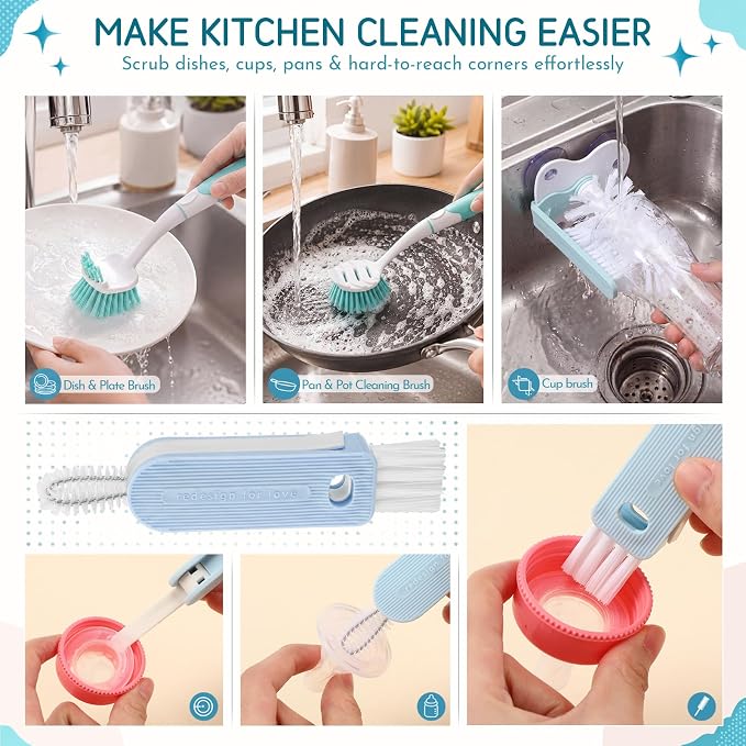 10 Pack Dish Brush Set for Household Use Kitchen Scrub Brushes with Non-Slip Long Handle Multi-Purpose Cleaning Brushes for Dishes Pot Pan Kitchen Sink Tub Cup Clothes Shoes Floor(Blue)
