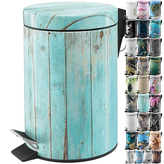 Sanilo Small Bathroom Trash Can with Lid [1.3 Gallon] - Lidded Tiny Trashcan for Garbage - Mini Metal Bin with Soft Closing Mechanism - Bath Room Accessoire Wastebin with Inner Bucket (Lumber)