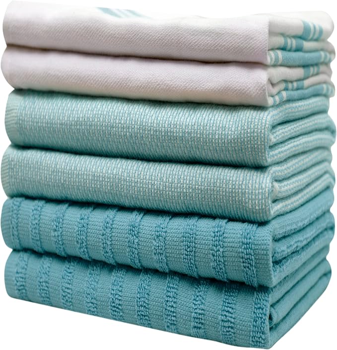 Premium Kitchen Towels (20”x 28”, 6 Pack) | Large Cotton Dish Towels | Flat & Terry Highly Absorbent Kitchen Linen Set with Hanging Loop | Wide Stripe Aqua