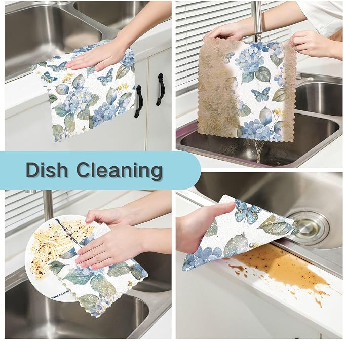 Blue Hydrangea Butterfly Kitchen Towels Dish Cloths Set of 6 Microfiber Cleaning Cloths for Cars Super Absorbent Machine