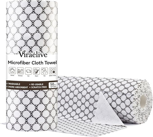 Microfiber Cleaning Cloth Roll, 50-Count Reusable, Durable, No Streaks, Absorbent, Lint-Free Non-Scratch Easy Tear-Away Towels, Dish Rags for Kitchen, Home, Car & Glasses, White Waffle, 12x12 in