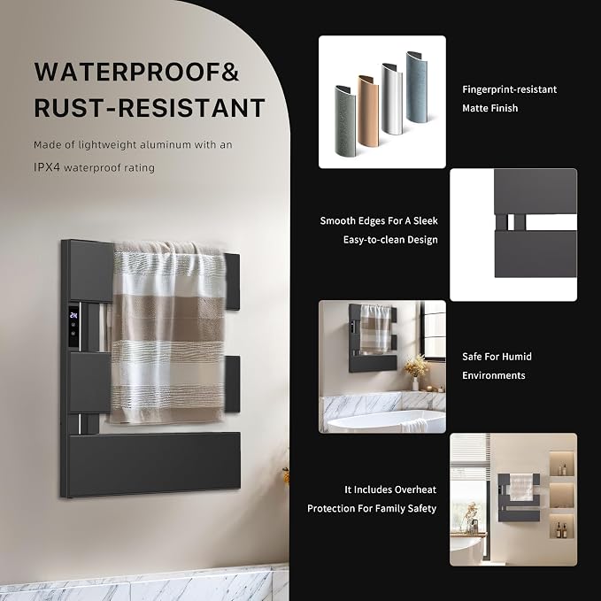 Electric Towel Warmer with Smart LED Timer, Modern [2/3/4] Bar Large Panel Heated Towel Rack, Wall-Mounted Plug-in/Hardwired 2-in-1, Rapid Warmth for Bathrooms, [Matte Black/Alpine White]