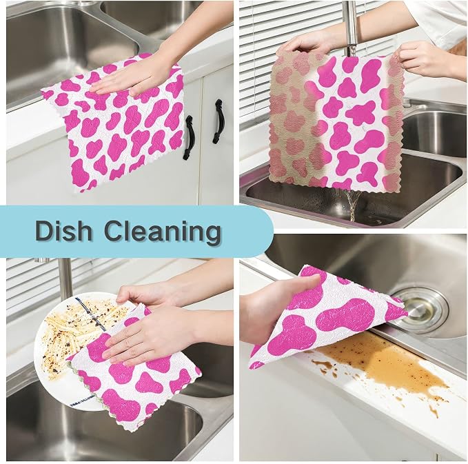 CaTaKu Pink Cow Print Kitchen Dish Cloths, 6 Pack Reusable Dish Rags for Washing Dishes, Microfiber Cleaning Cloths Dish Towels Washcloths for Kitchen Drying