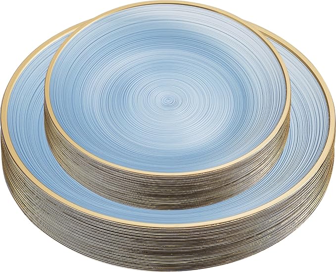 PLASTICPRO 128 Pieces Crystal Design Plastic Plates Combo Pack 7 inch and 10 inch Gold Rim Elegant Disposable Plates, Transparent Blue