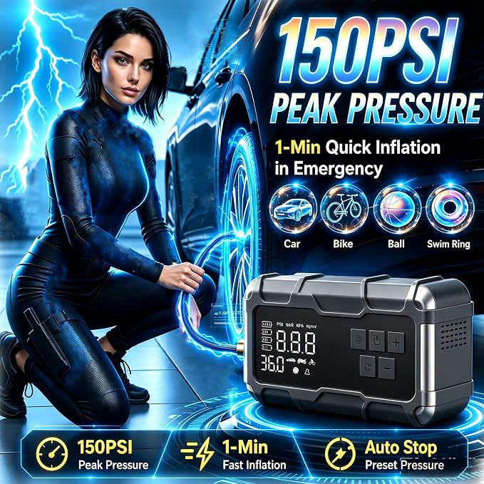 9000A Jump Starter with Air Compressor 10-1 Portable Tire Inflator German Fast-Charging Power Bank Car Diesel Battery Booster for Car Owners Camping, Road Trips, Family Safety & Gift