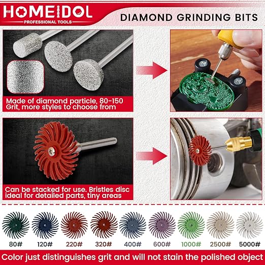 51Pcs Diamond Bits for Dremel Tool Accessories, HOMEIDOL Polishing Kits, 1" Radial Bristle Disc with 3/32", 1/8" Shank Rotary Tool Bits Diamond Grinding Bits for Stone Ceramics Metal Sanding