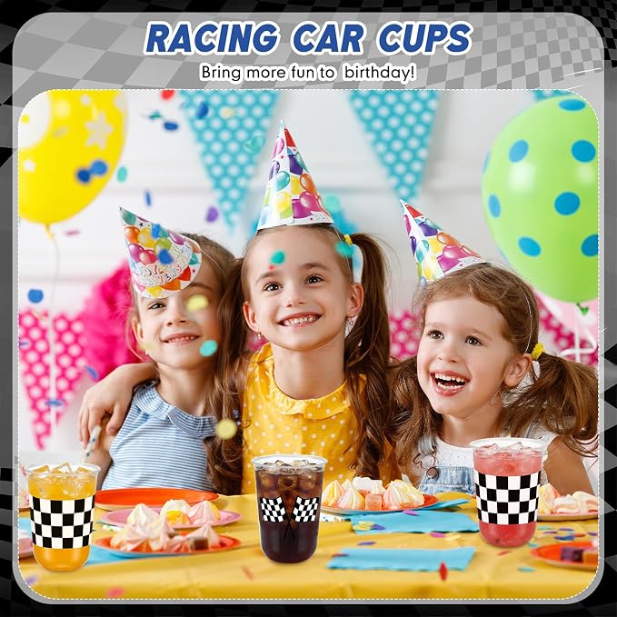 Ziliny 50 Pcs 16oz Checkered Cups Racing Party Round Bottom Plastic Cups Party Decorations, Disposable Clear White Black Checkered Flag Cup for Racing Themed Birthday Drink Supplies Decorations