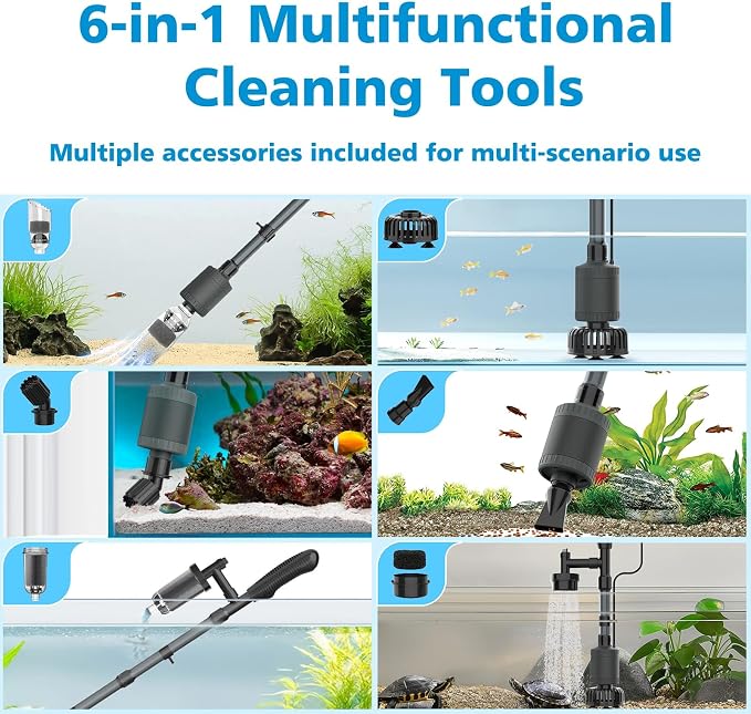 fishkeeper Aquarium Vacuum Gravel Cleaner, 25W 6 in 1 Multifunction Fish Tank Cleaner Kit for Automatic Water Change, Wash Sand, Water Circulation Infinitely Adjustable Flow Fish Tank Cleaner Vacuum