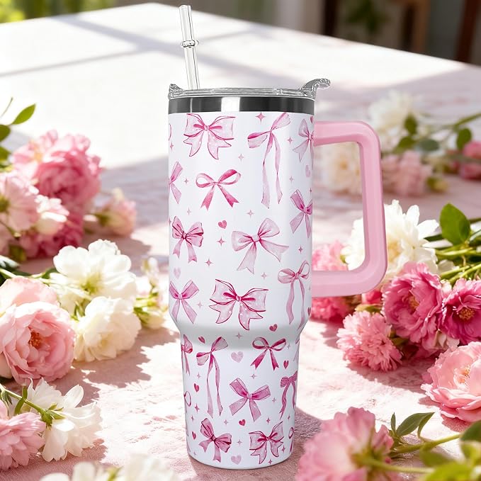 Ceovfoi 40 Oz Pink Bow Tumbler With Handle, Pink Bow Decor Coffee Travel Mug Cup Water Bottle, Gifts for Women Girls