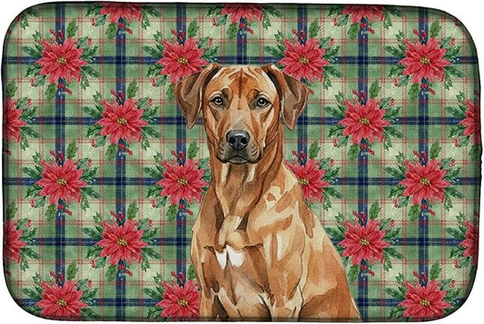 Caroline's Treasures Rhodesian Ridgeback Christmas PoinsettIas Dish Drying Mat Absorbent Dish Drying Mat Pad for Kitchen Counter Dish Drainer Mat for Countertop, 14 x 21", Multicolor