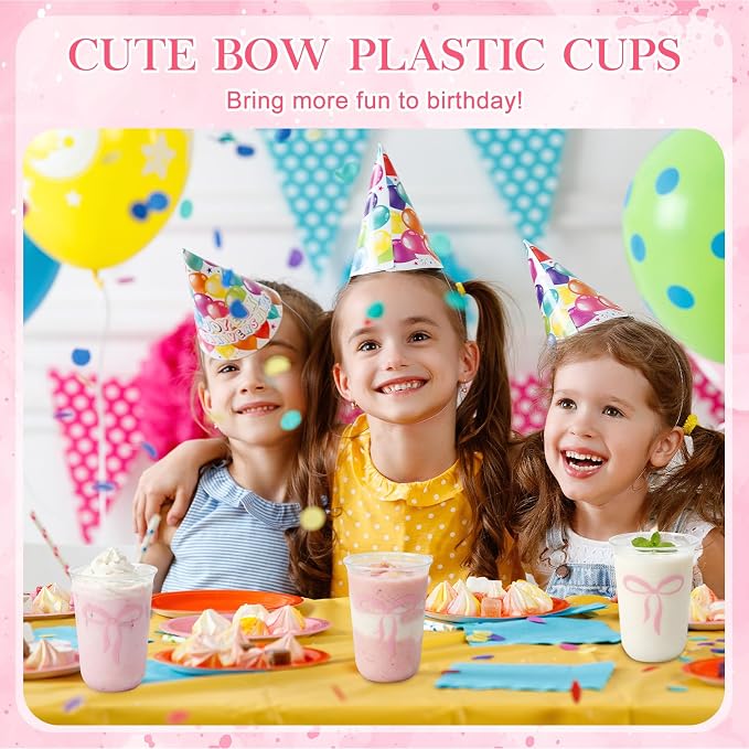 Ziliny 50 Pcs 16oz Cute Pink Bow Cups Birthday Party Decorations Supplies Disposable Plastic Cups for Bachelorette Party Valentines Galentines Day Christmas Wedding Baby Shower