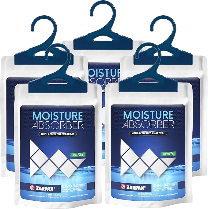 Zarpax Moisture Absorber Sachets Activated Charcoal 7.5 oz/212g - Remove Excess Moisture In Air & Odor - Desiccant Dehumidifier for Closet, Drawer, Storage - Dampness & Humidity Control - Set of 5