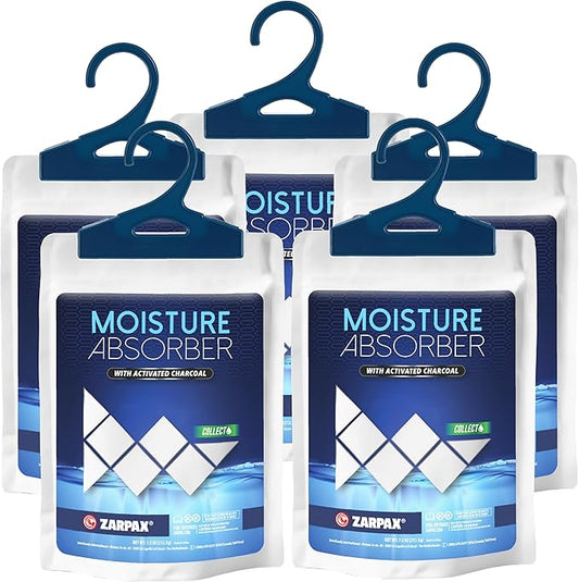 Zarpax Moisture Absorber Sachets Activated Charcoal 7.5 oz/212g - Remove Excess Moisture In Air & Odor - Desiccant Dehumidifier for Closet, Drawer, Storage - Dampness & Humidity Control - Set of 5