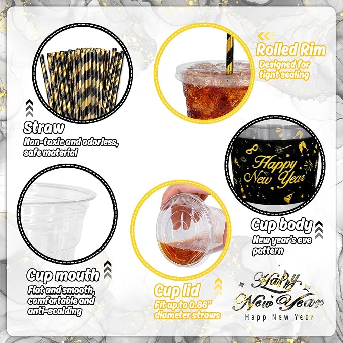 JarThenaAMCS 50Pcs New Year Plastic Cups With Lids And Straws 12oz Disposable Party Cups Black Gold Cold Beverage Drinking Cups for Chinese Spring Festival Party Supplies