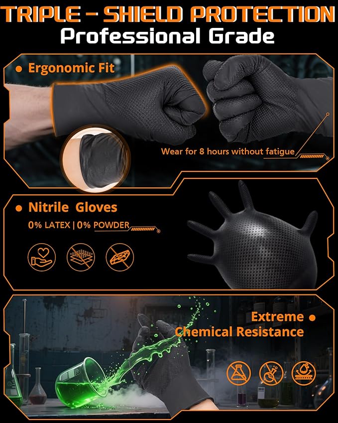 NITROSHIELD 9mil Heavy Duty Disposable Nitrile Gloves, Black XLarge 80Pcs -Chemical Resistant, Latex Powder Free Rubber Gloves Diamond Texture for Automotive, Mechanics, Cooking,BBQ, Industrial Use