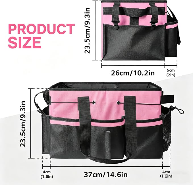Wearable Cleaning Caddy Organizer with Handle & Adjustable Shoulder Strap 4 Foldable Compartments, Cleaning Supplies Caddy for Housekeepers, Car, Home, Hotel & Outdoor Cleaning Bag（Pink）