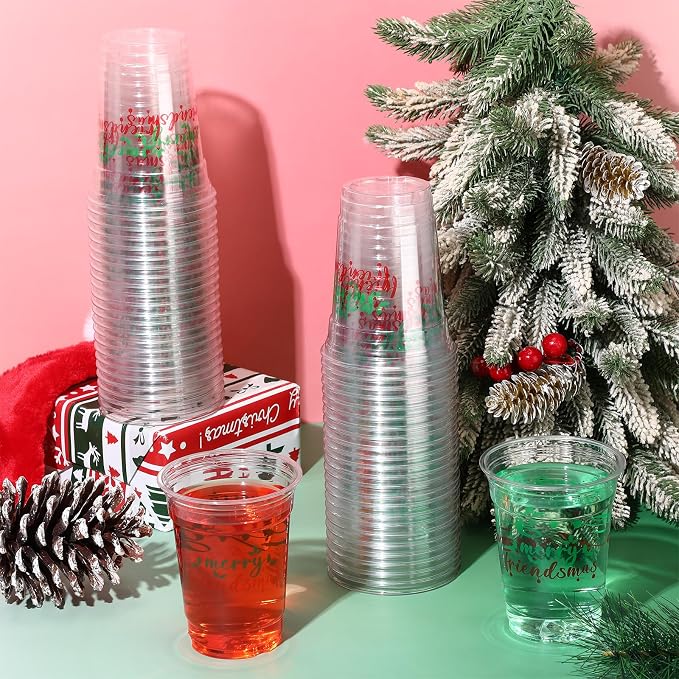 Potchen 50 Pack 12 oz Plastic Merry Friendsmas Cups Disposable Clear Christmas Cups for Christmas Friendsmas Party Decorations Supplies Xmas Holiday Office Home Tableware